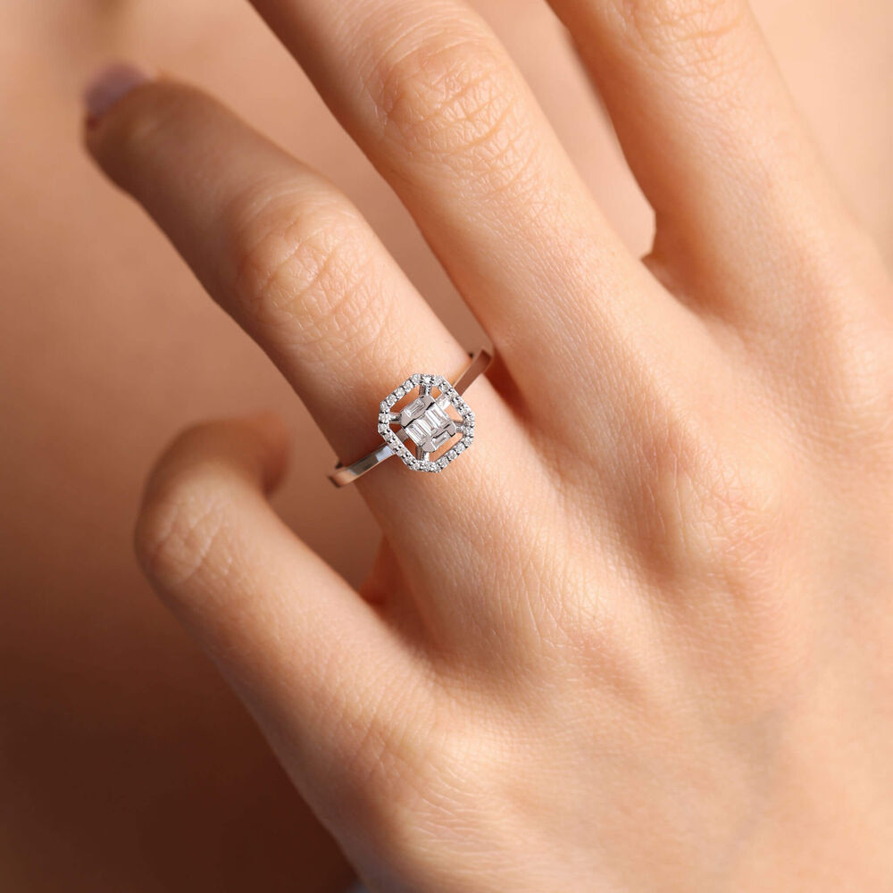 0.17 Carat Baguette Diamond Ring 14K White Solid Gold