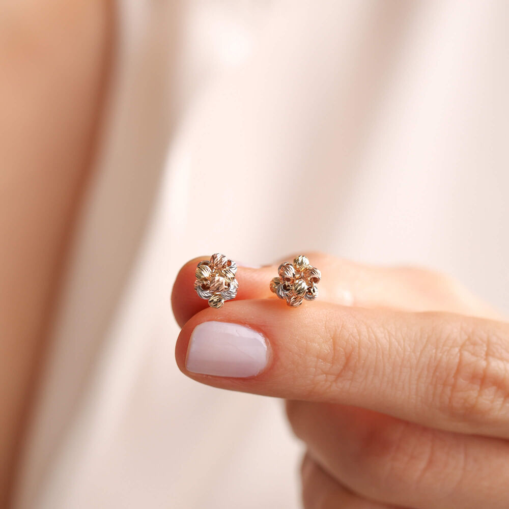 14K Solid Gold Beaded Nail Earrings Triacolor