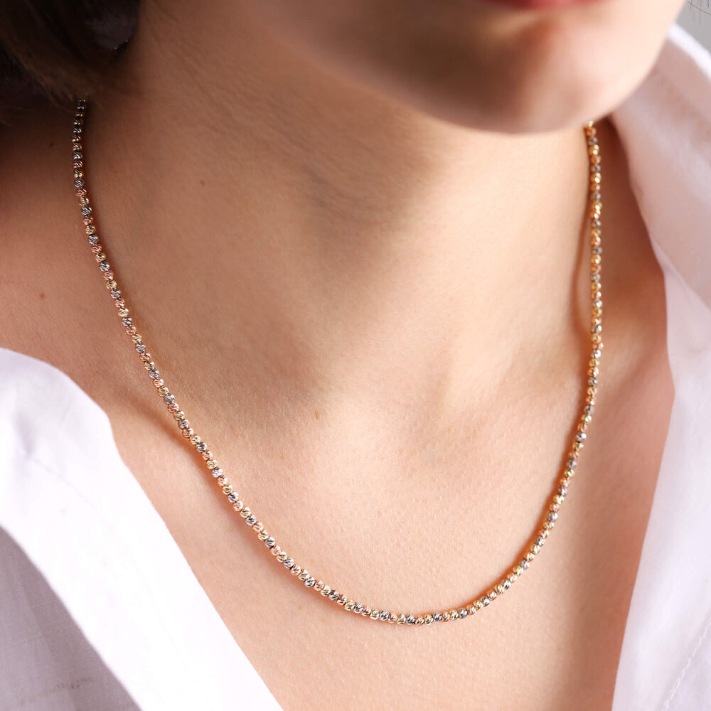 14K Solid Gold Beaded Chain Triacolor 45 cm