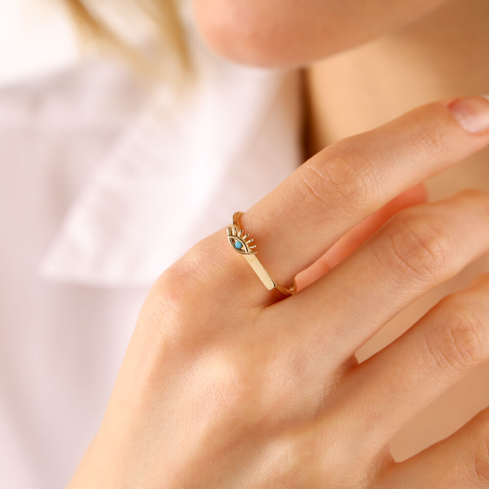 14K Solid Gold Evil Eye Ring Turquoise