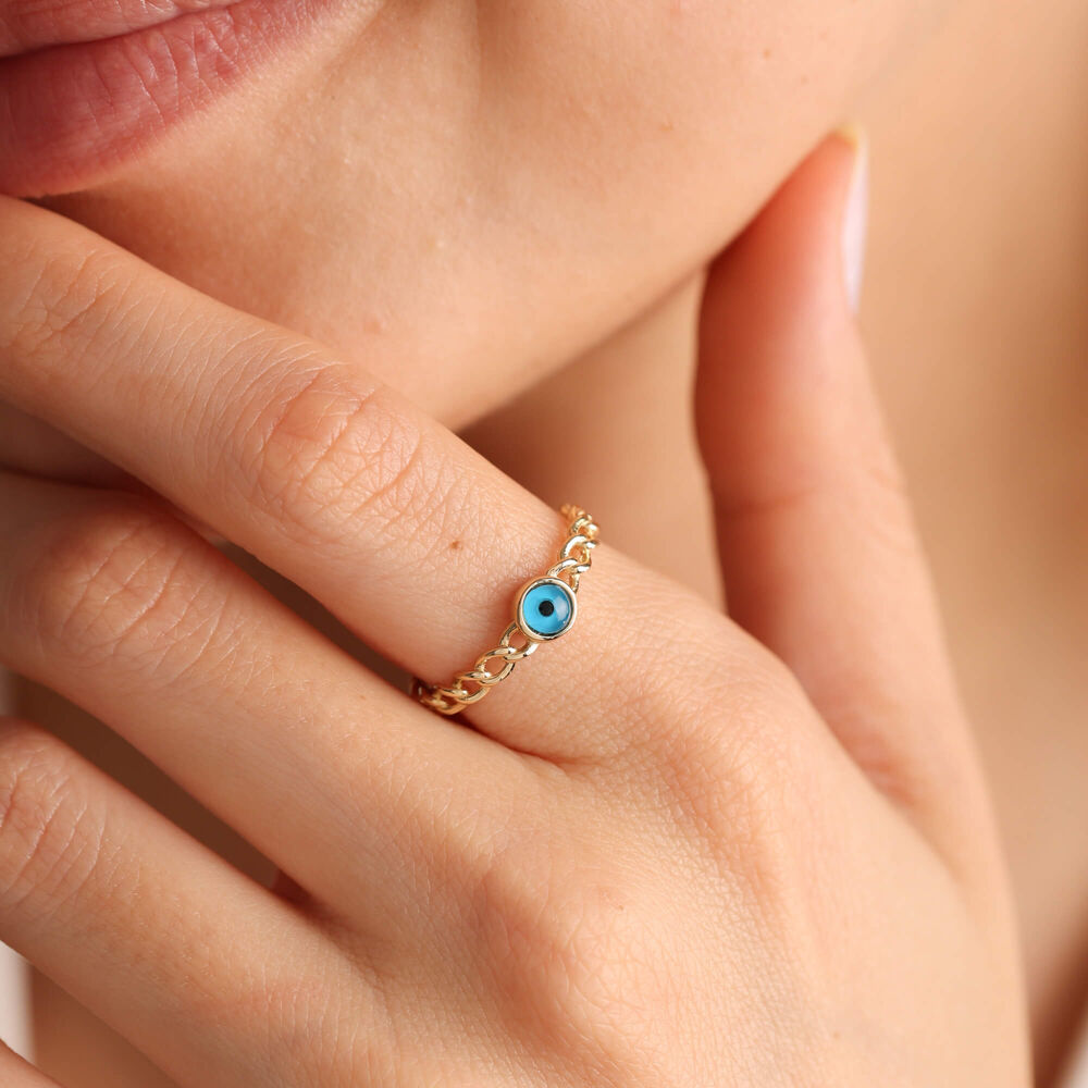 14K Solid Gold Evil Eye Ring Gourmet Chain