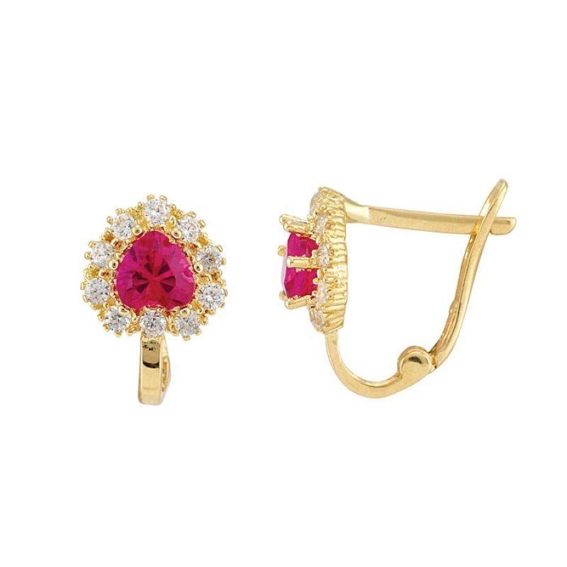 14K Solid Gold Red With Gemstone Heart Kids Earrings