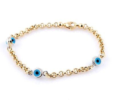 14K Solid Gold Evil Eye Doc Chain Bracelet