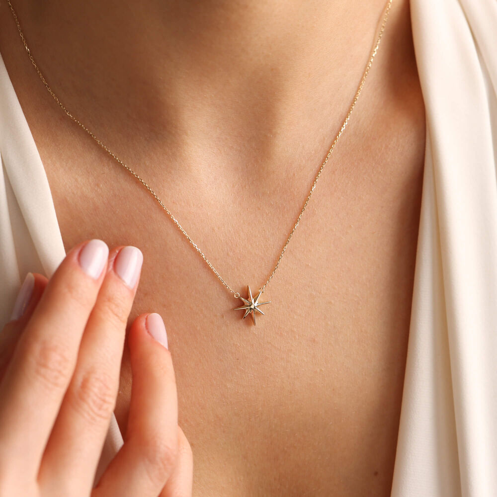 14K Solid Gold Compass Necklace