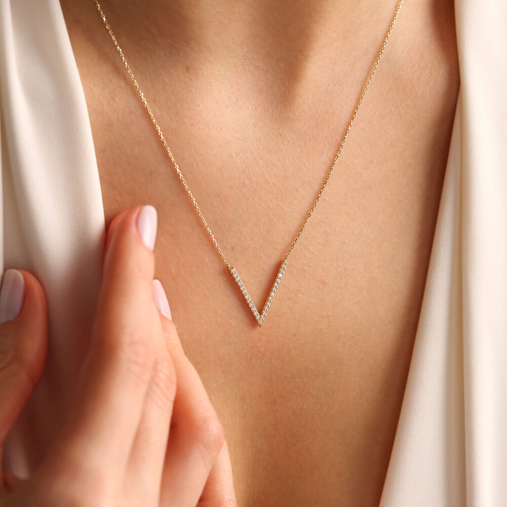 14K Solid Gold With Gemstone V Necklace