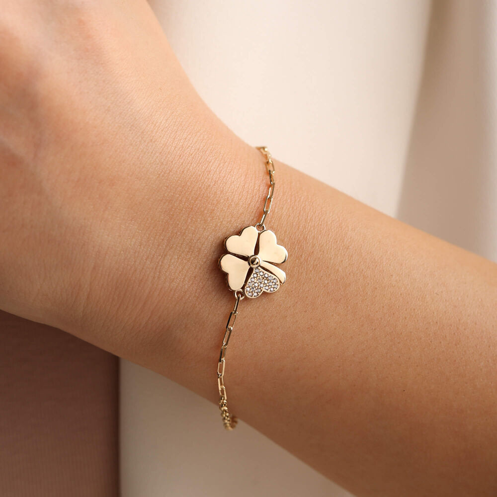 14K Solid Gold Clover Bracelet 1.5 cm