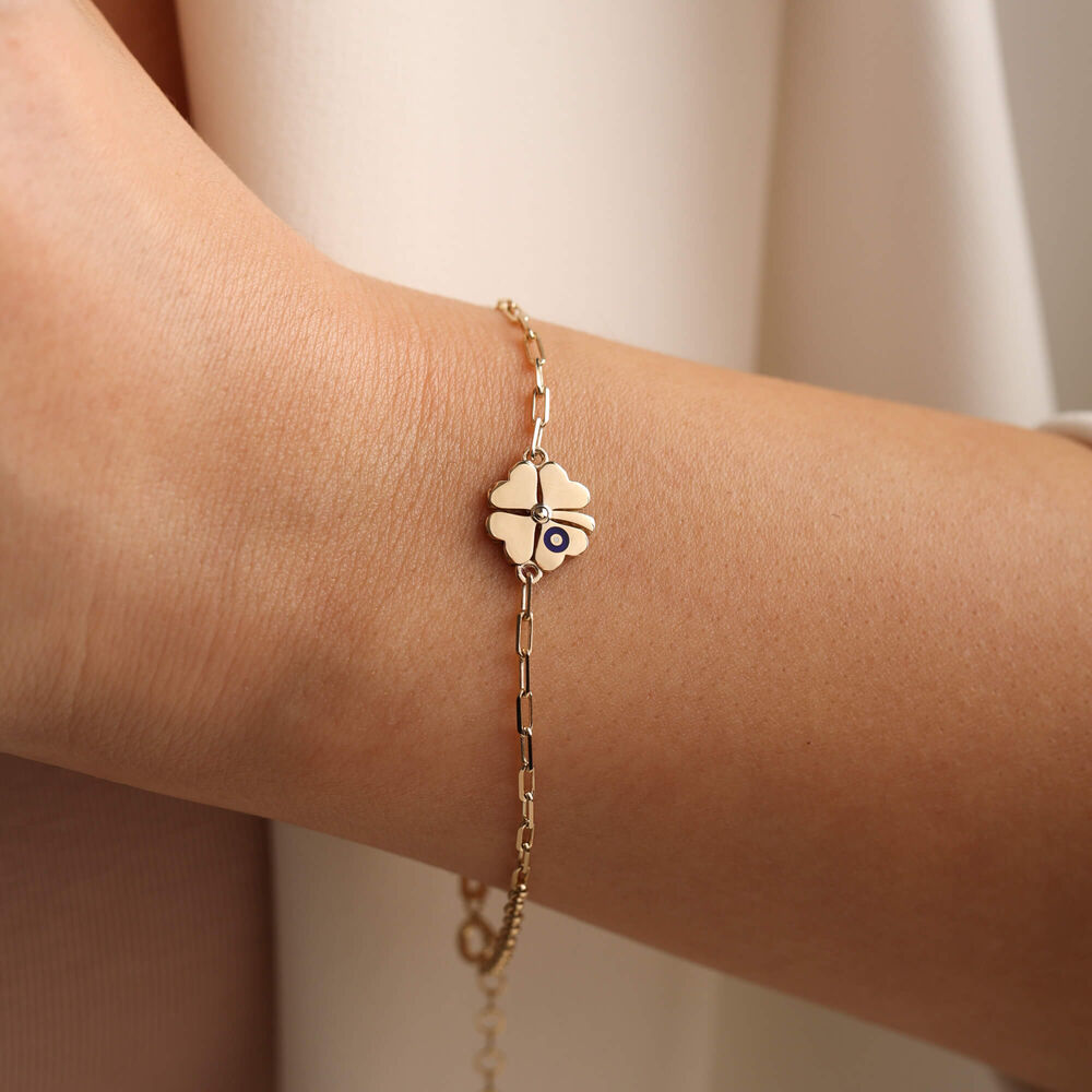 14K Solid Gold Clover Bracelet 1.0 cm Evil Eye Enamel