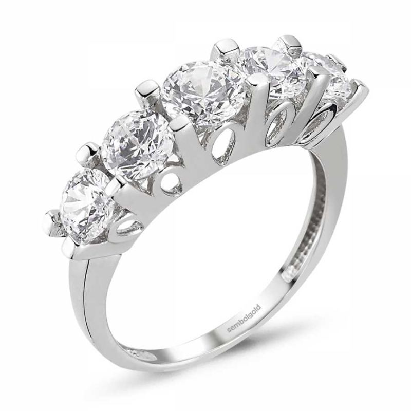 14K White Solid Gold Five Stoness Ring