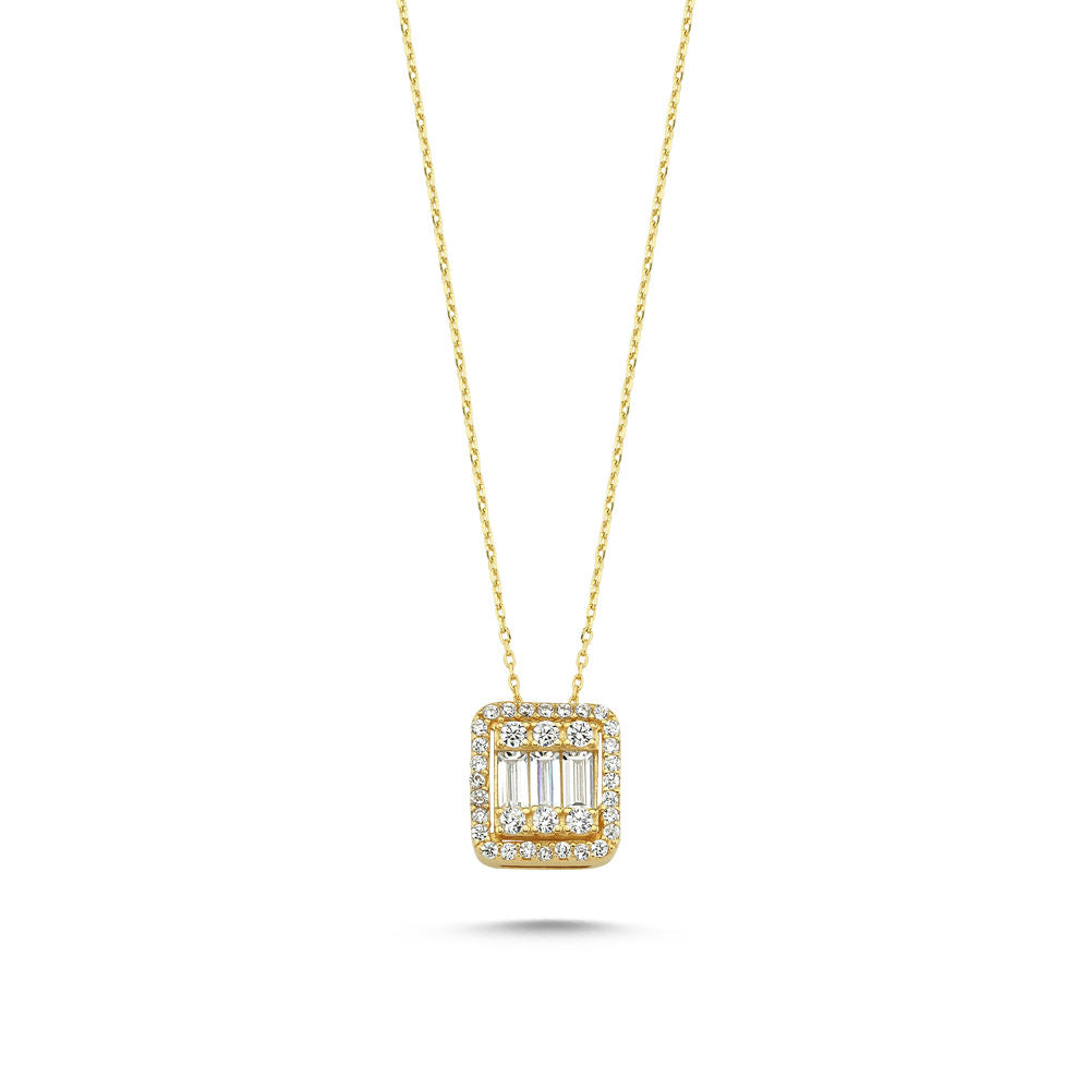 Solid Gold Baguette Necklace Square Design 14K