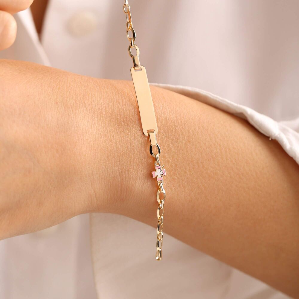 Solid Gold Kids Name Bracelet Clover Form Pink Enamel