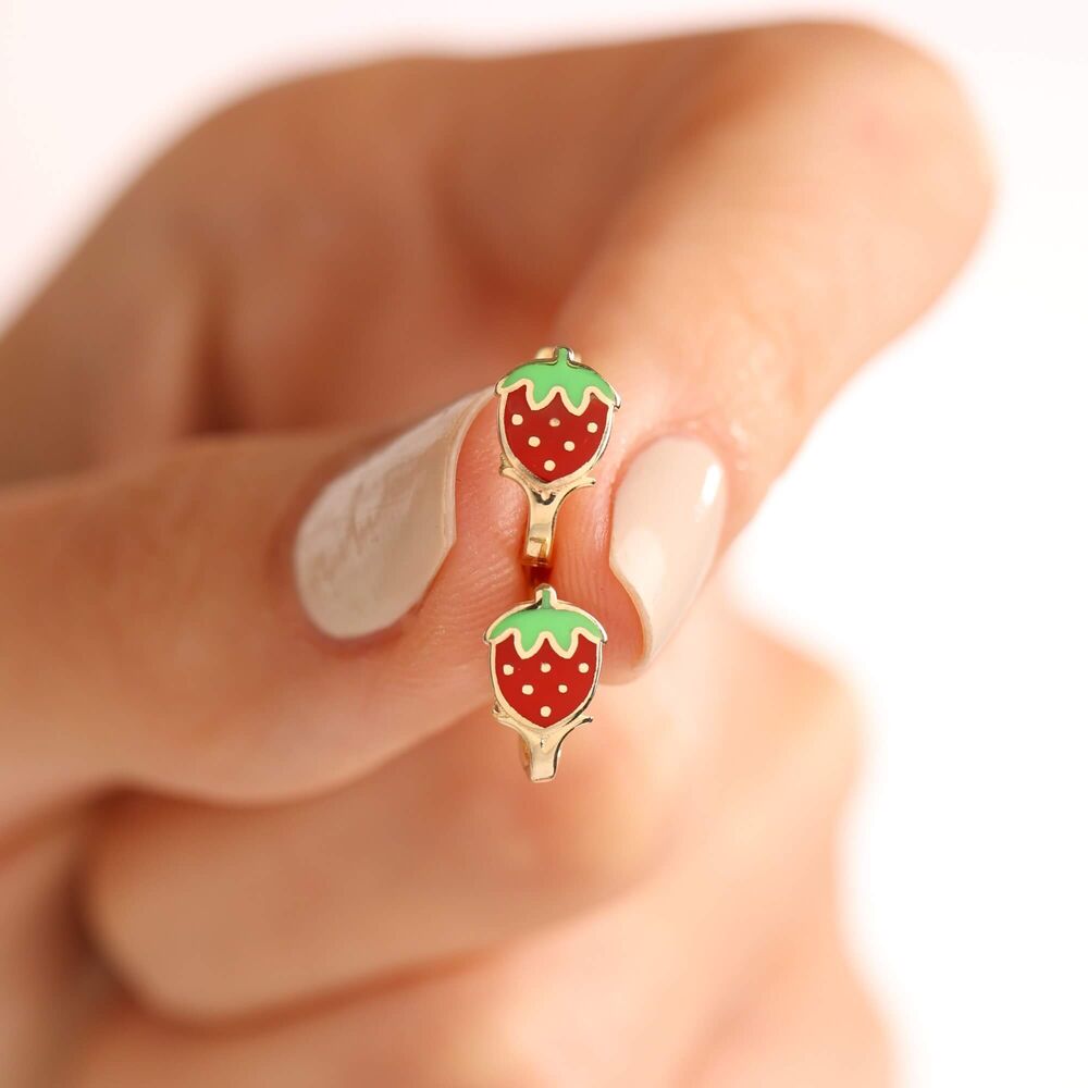 Solid Gold Kids Earrings Strawberry Enamel