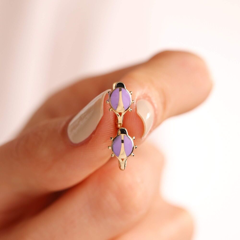 Solid Gold Kids Earrings Turtle Enamel Purple