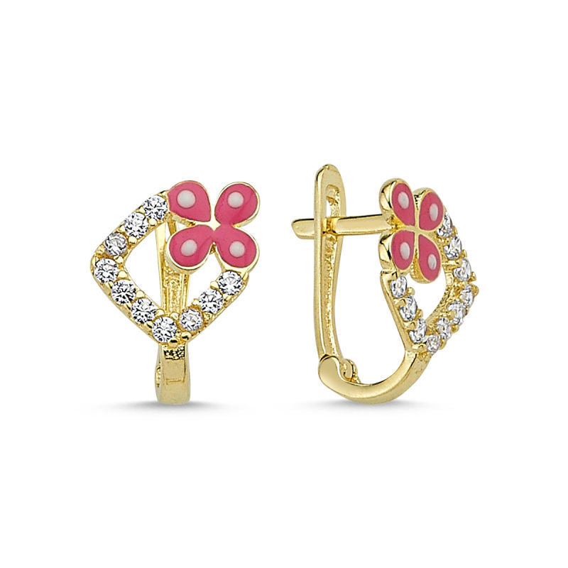 Solid Gold Kids Earrings Butterfly Design Pink Enamel