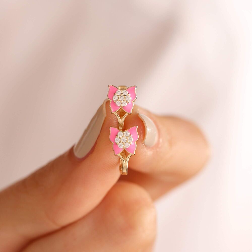 Solid Gold Kids Earrings Butterfly Enamel
