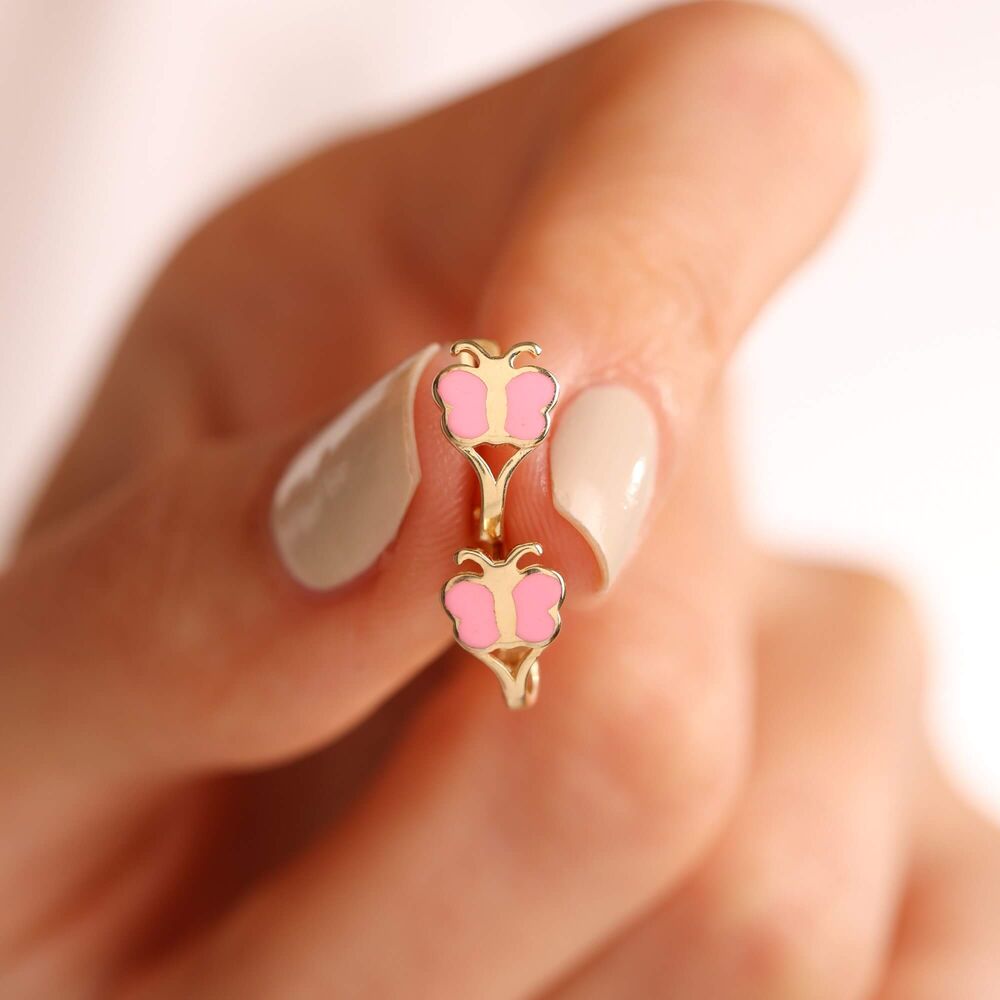 Solid Gold Kids Earrings Butterfly Enamel Pink