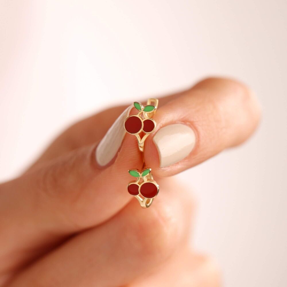 Solid Gold Kids Earrings Cherry Enamel