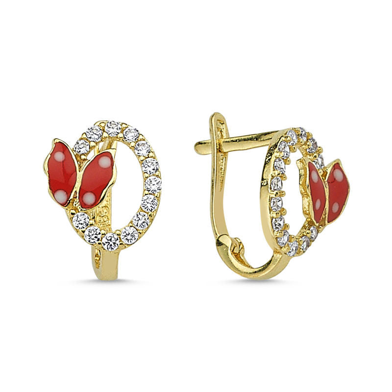 Solid Gold Kids Earrings Flying Butterfly Pink Enamel