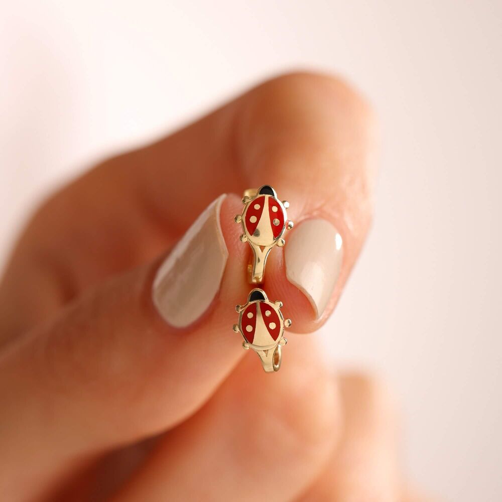 Solid Gold Kids Earrings Ladybug Enamel