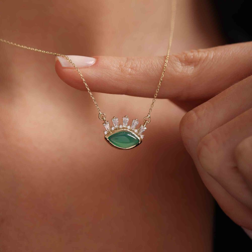 Solid Gold Evil Eye Necklace Green Opal
