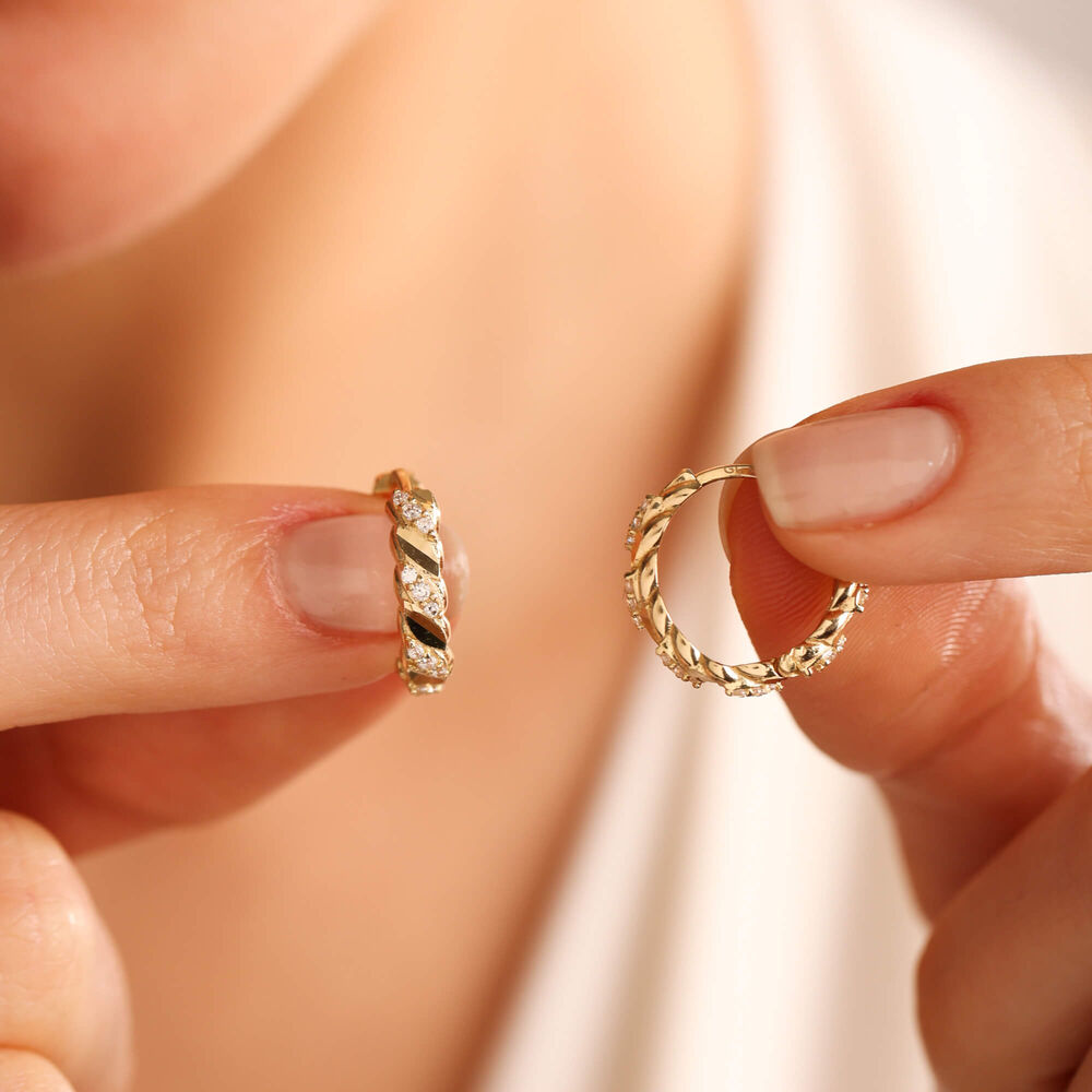Solid Gold Hoop Earrings With Gemstone Twisted 1.5 cm