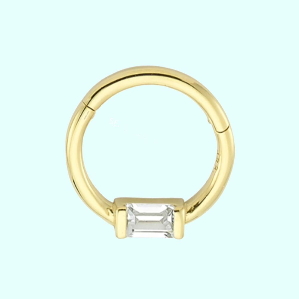 Solid Gold Hoop Piercing Baguette Solitaire 14K