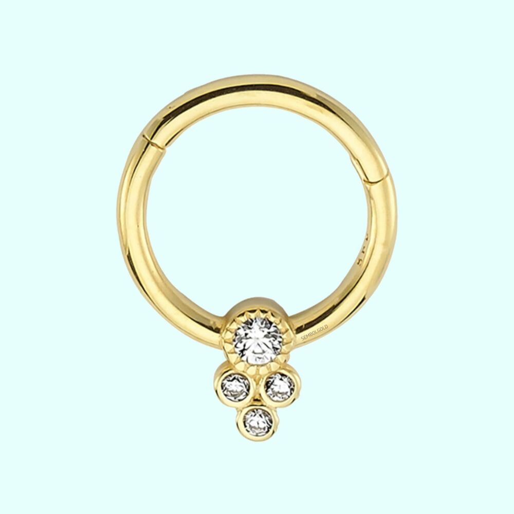 Solid Gold Hoop Piercing Four Stones 14K