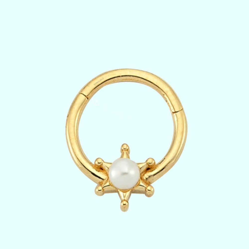 Solid Gold Hoop Piercing Pearl 14K Snowflake