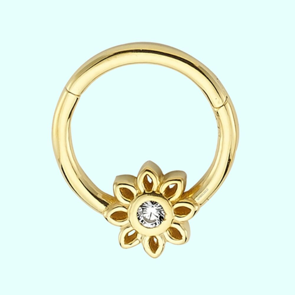 Solid Gold Hoop Piercing Solitaire Flower 14K