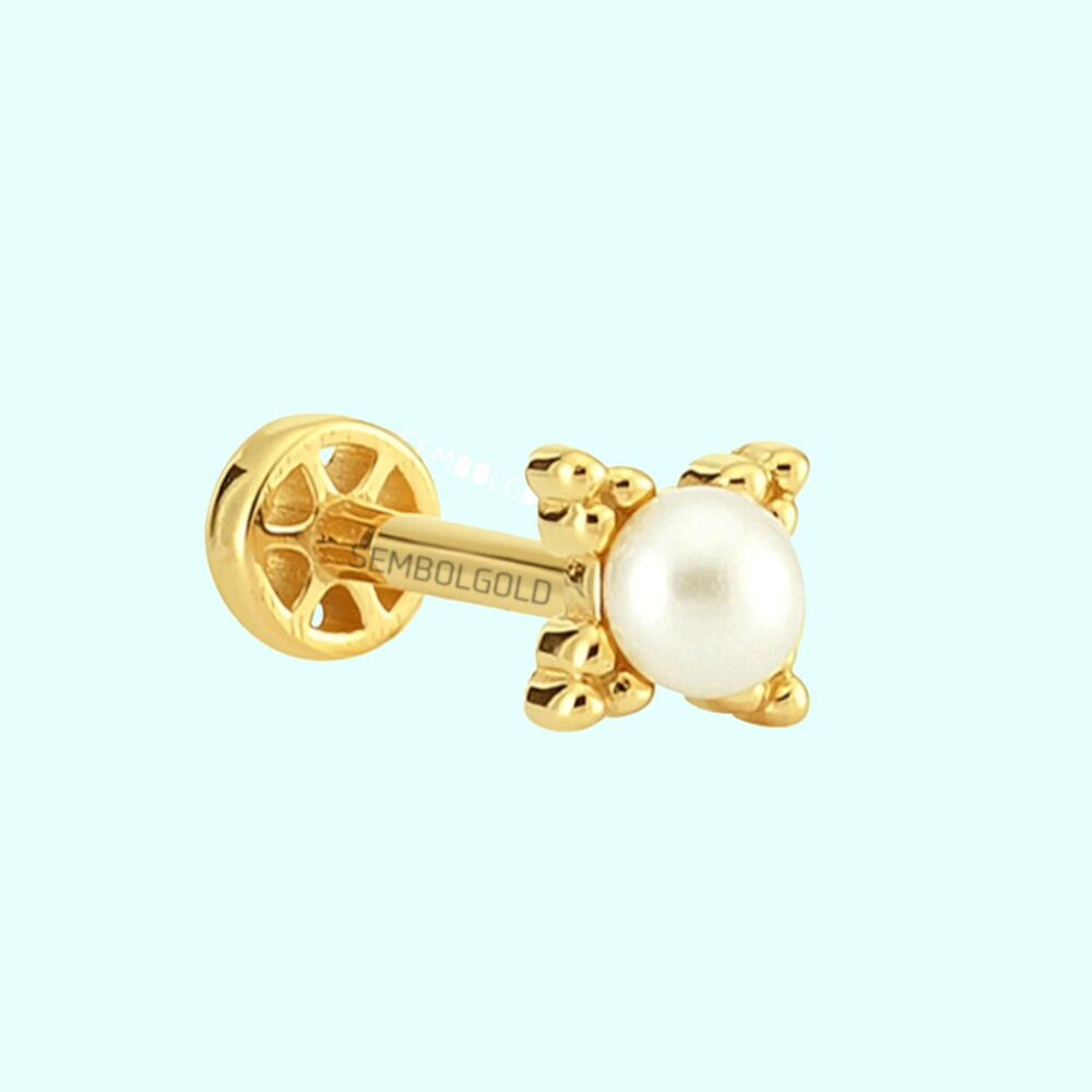 Solid Gold Pearl Tragus Piercing 14K