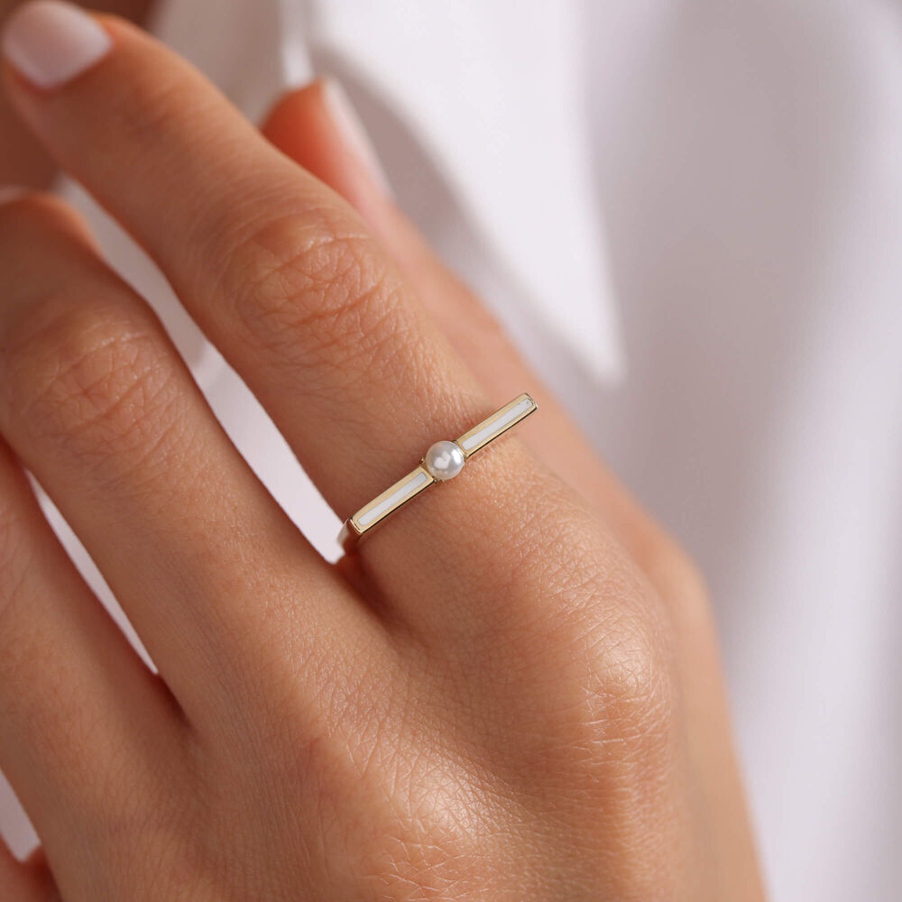 Solid Gold Pearl Ring Enamel Design