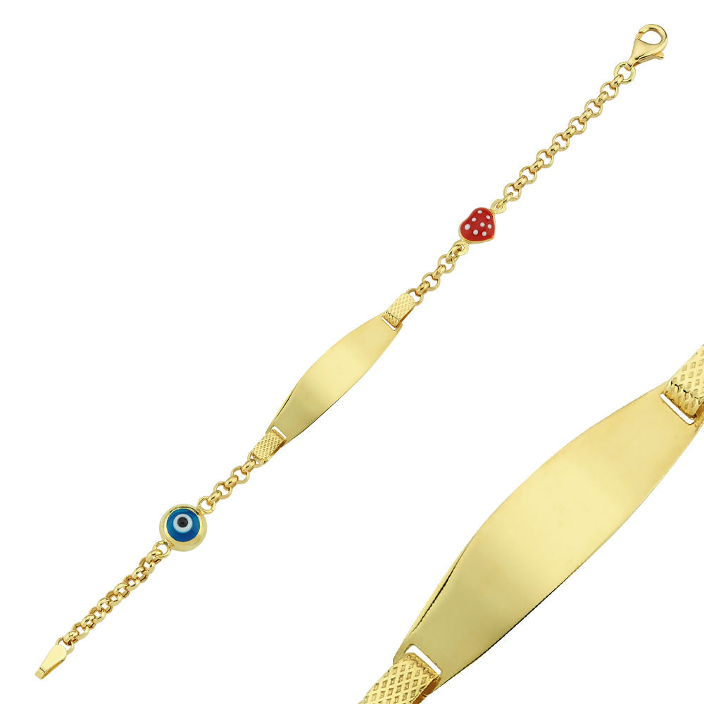 Solid Gold Tag Kids Evil Eye And Strawberry Name Bracelet