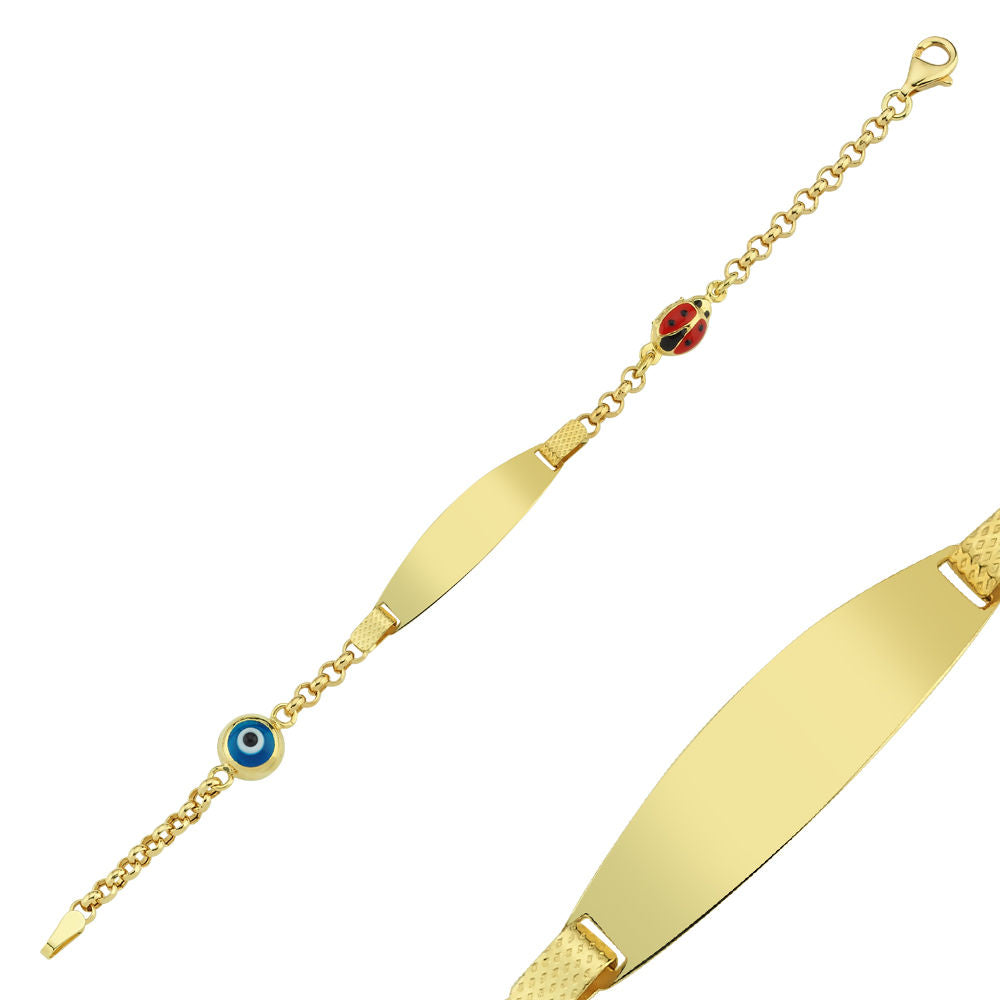 Solid Gold Tag Kids Evil Eye And Ladybug Name Bracelet
