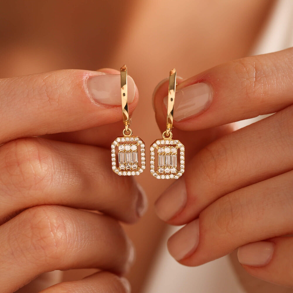 Solid Gold Dangle Baguette Earrings