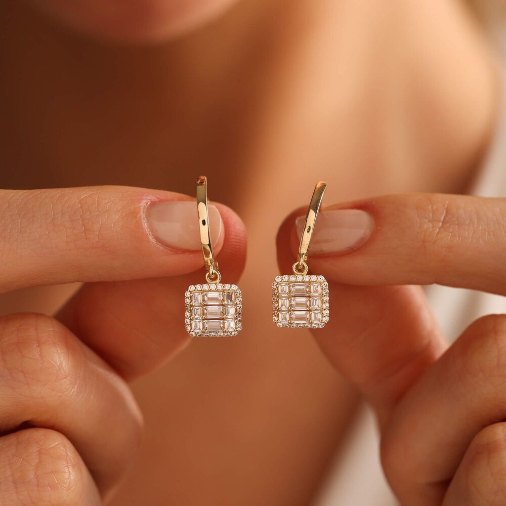 Solid Gold Dangle Baguette Earrings