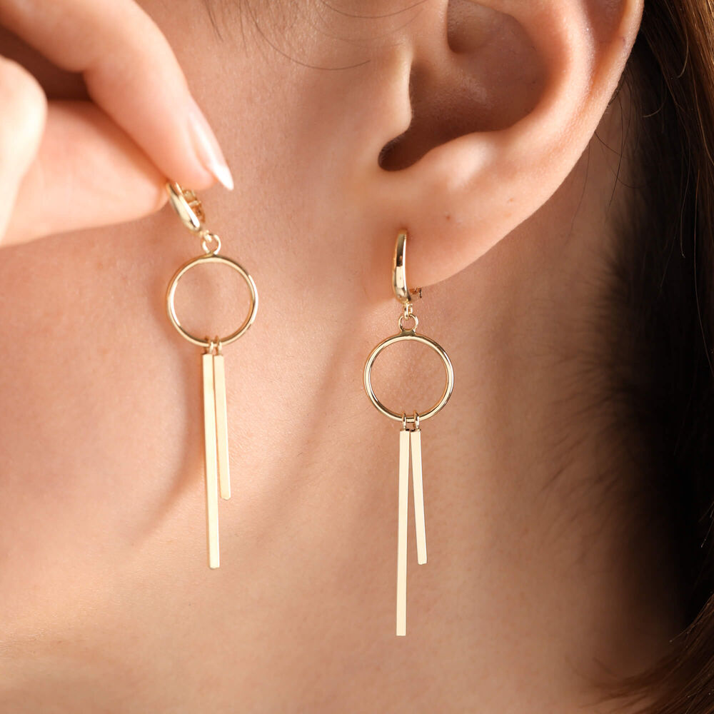 Solid Gold Dangle Earrings 14K Cube Form
