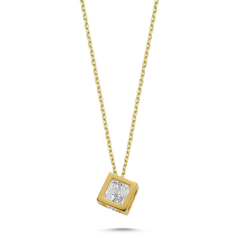 Yellow Solid Gold Solitaire Necklace Cube Design