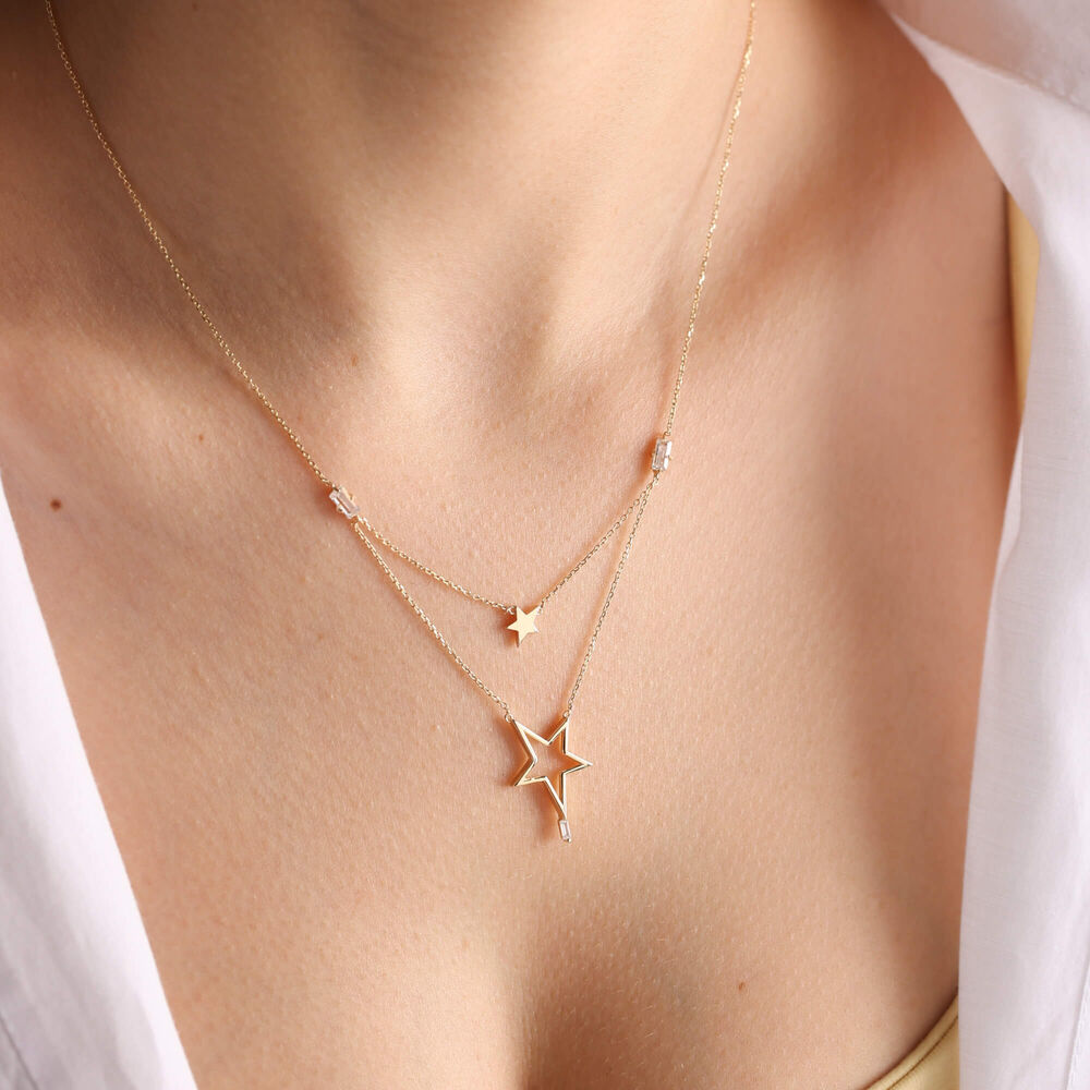 Solid Gold Star Necklace Double Star