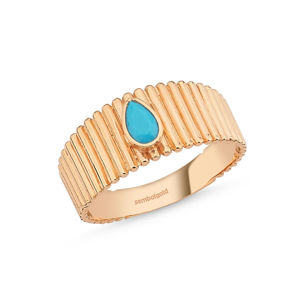 Solid Gold Ring 14K Rose ZigZag Turquoise Gemstone