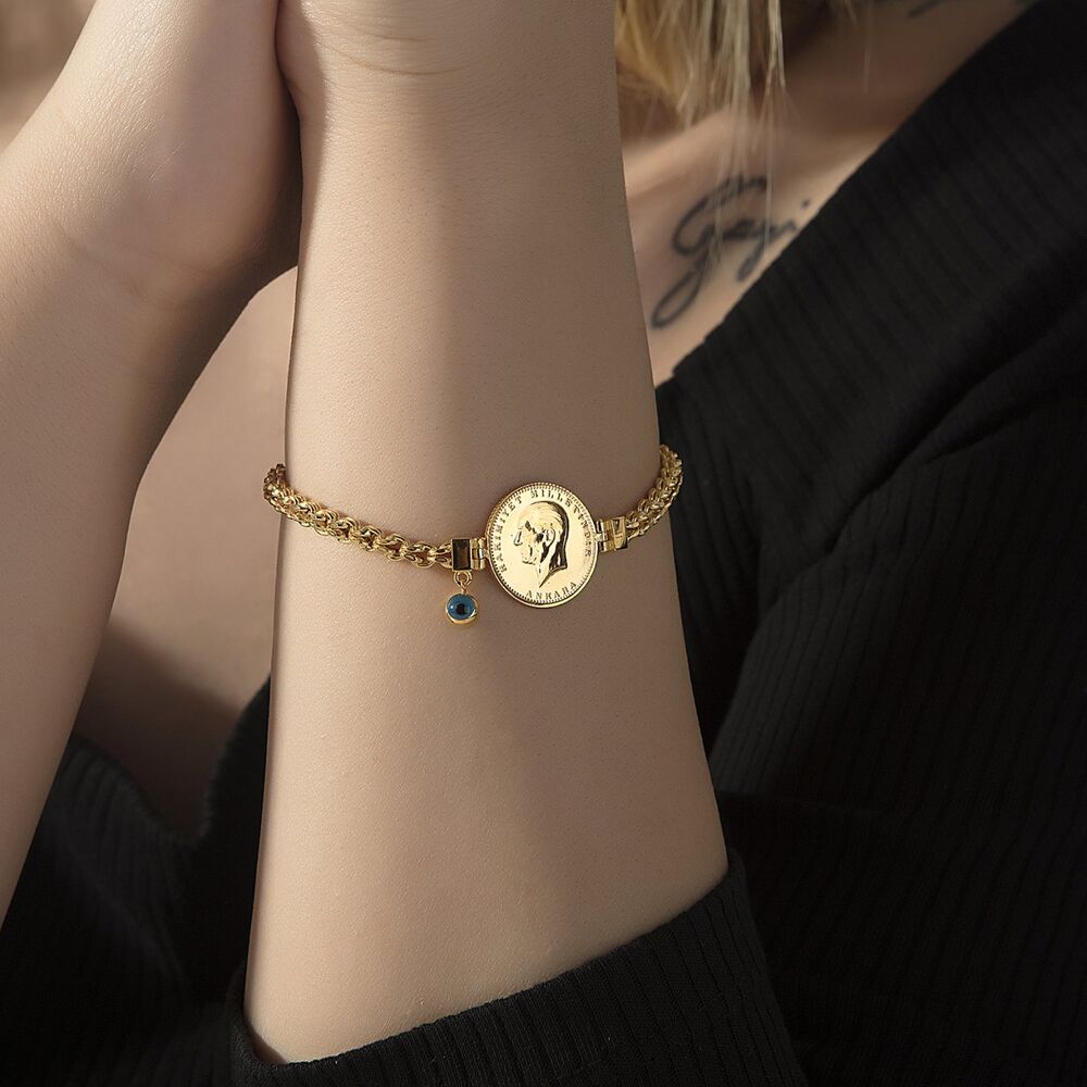 Ata Half Evil Eye Solid Gold Bracelet Pig Chain
