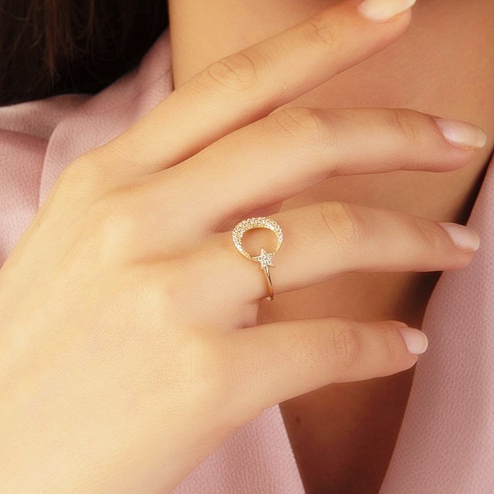Moon Star Solid Gold Ring 14K Solid Gold With Gemstone