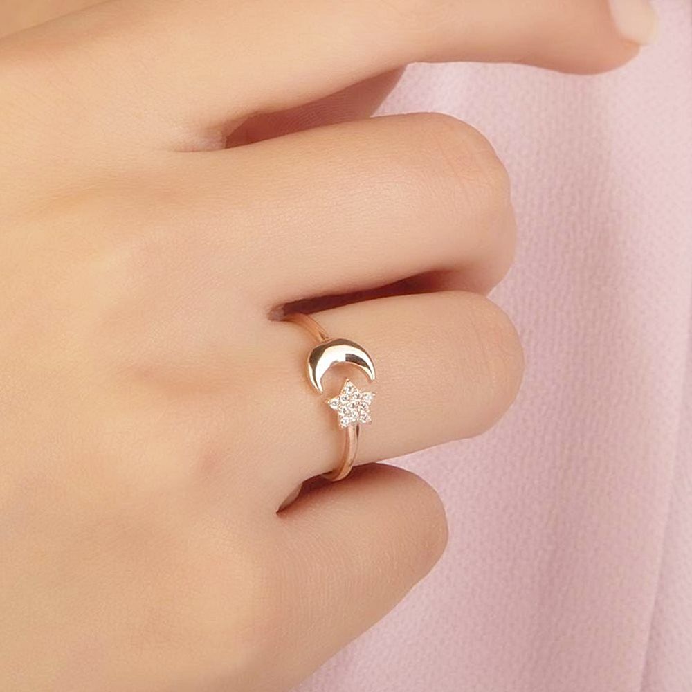 Moon Star Rose Solid Gold Ring 14K Solid Gold With Gemstone