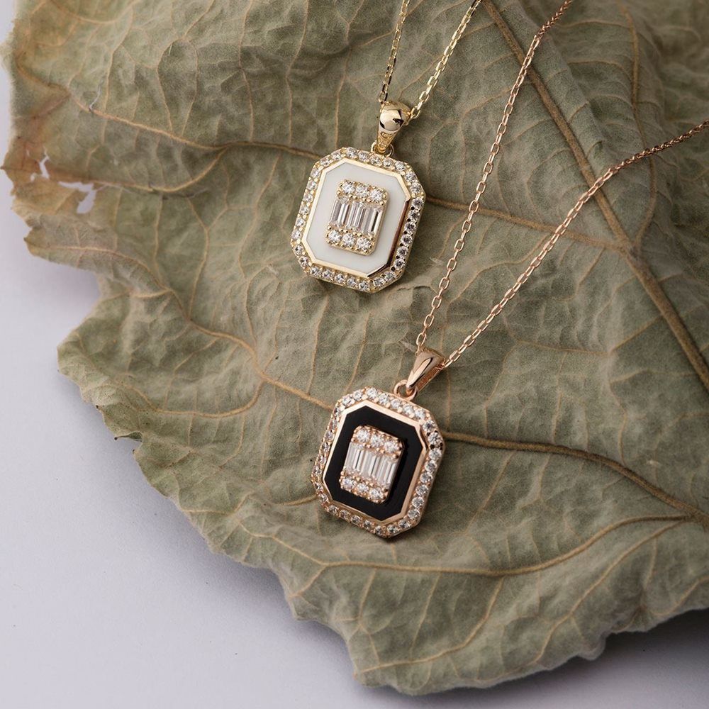 14K Solid Gold Baguette Enamel Necklace