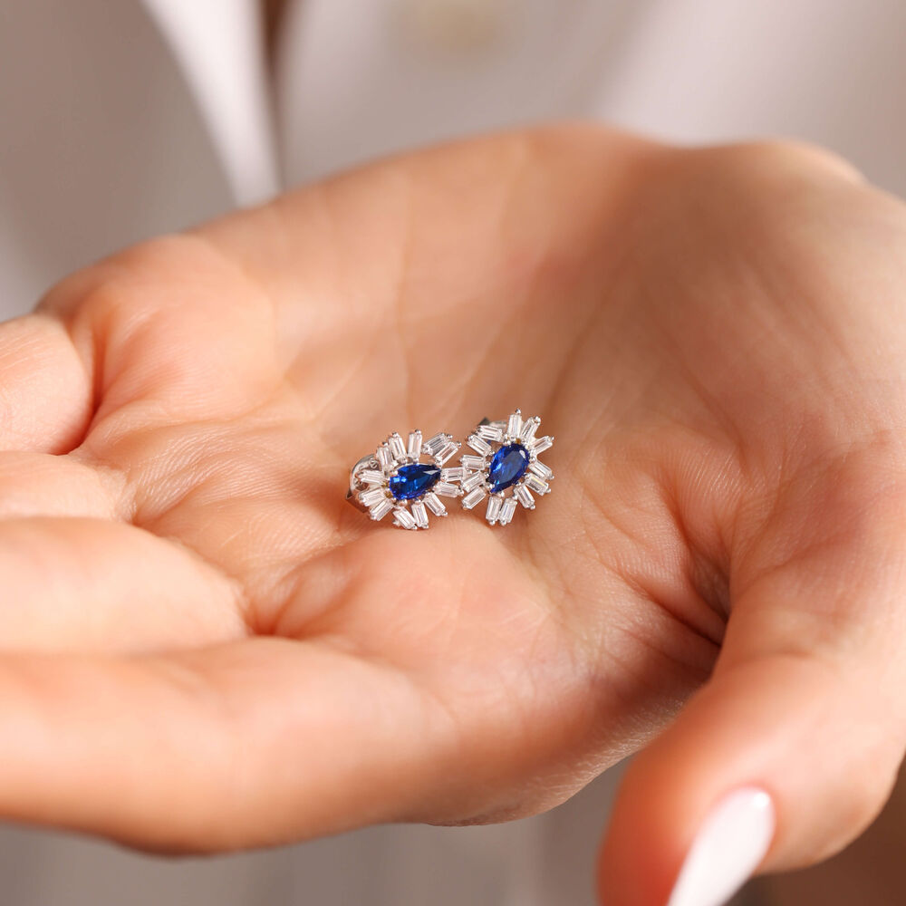 Baguette With Gemstone Solid Gold Sapphire Earrings
