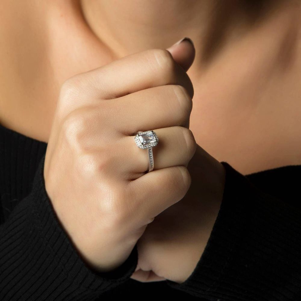 Baguette With Gemstone White Solid Gold Solitaire Ring 14K Solid Gold