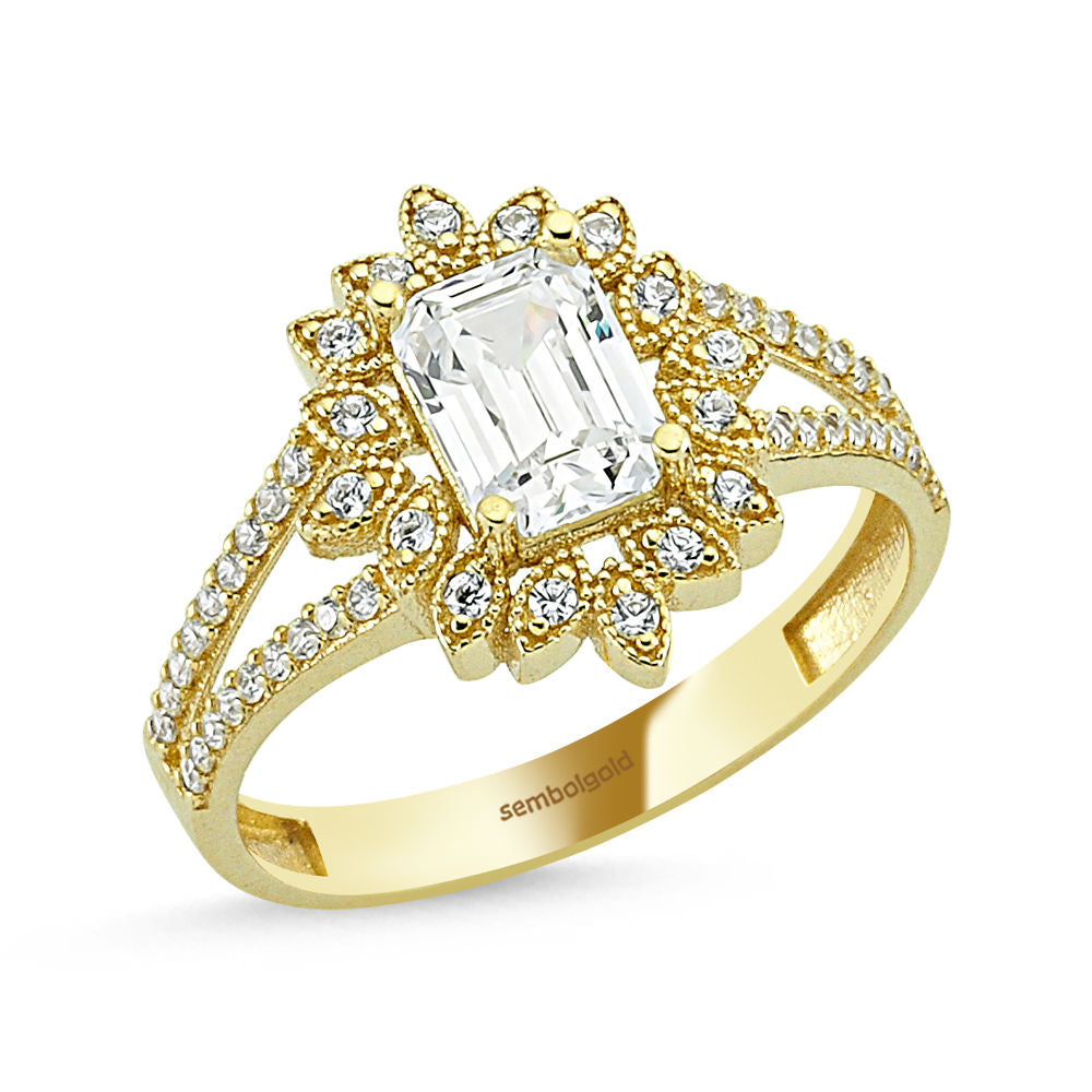 Baguette Ring Solid Gold Flower Design 0,50 Carat