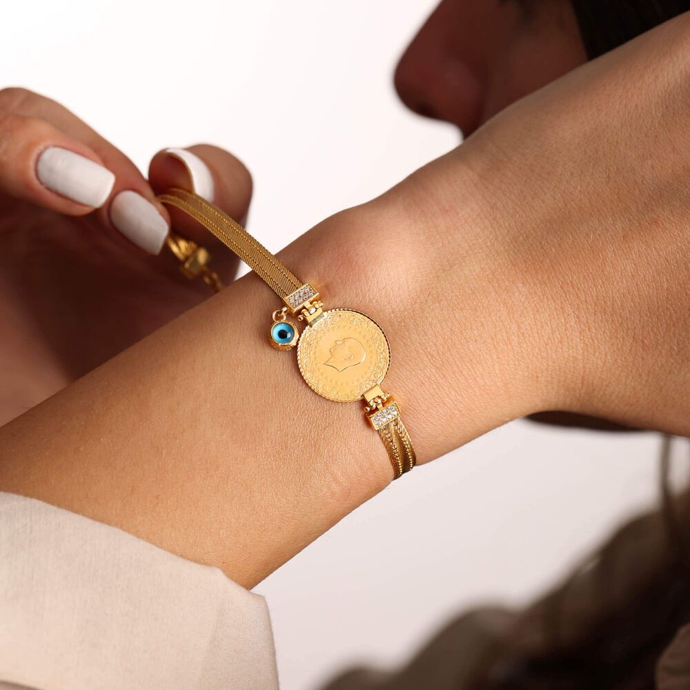 Quarter Solid Gold Wicker Bracelet Handmade Evil Eye