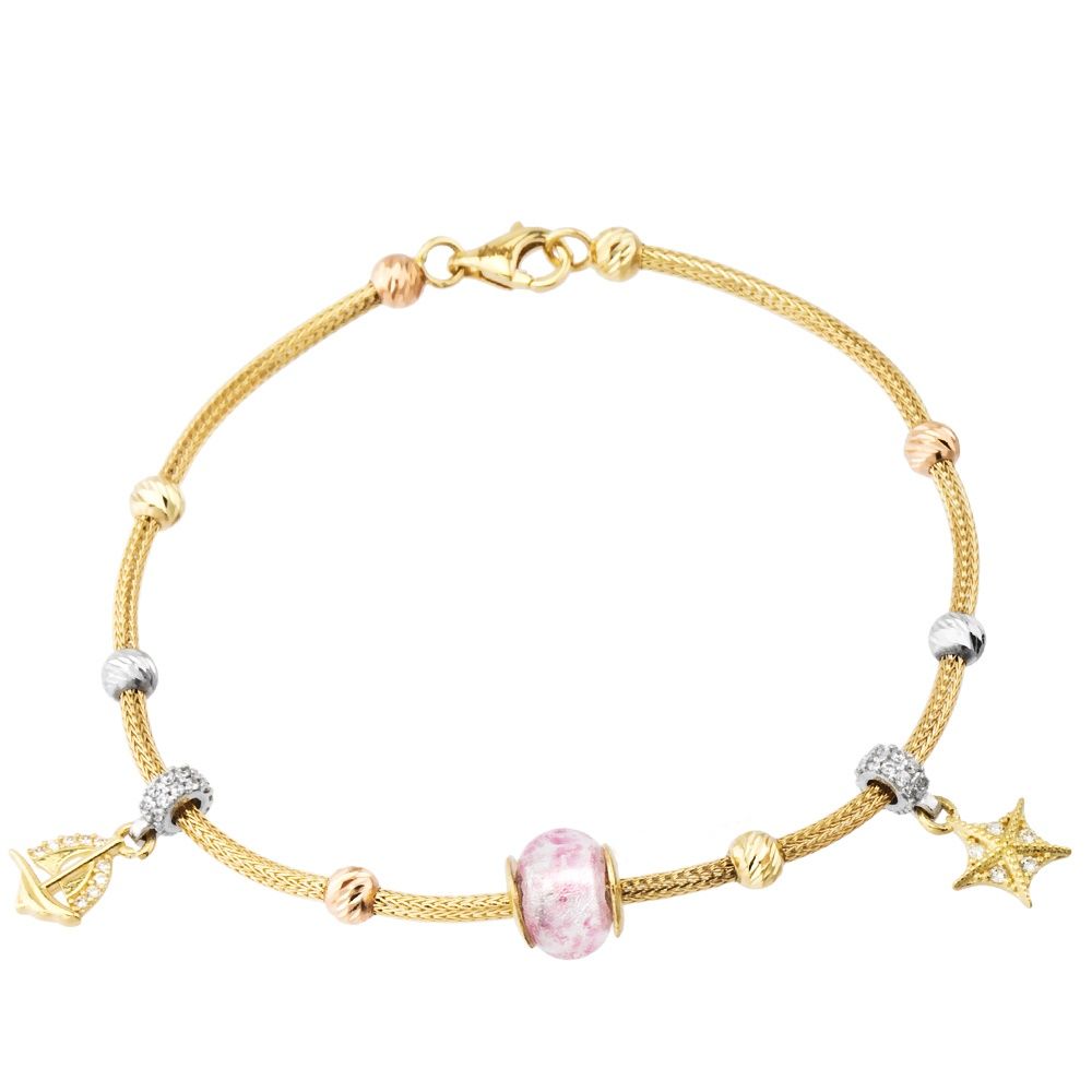 Charm Solid Gold Bracelet Pink 14K Solid Gold Beaded