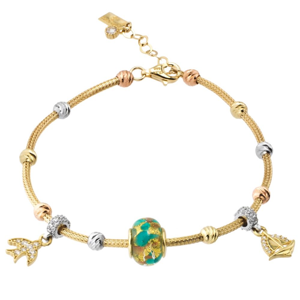 Charm Solid Gold Bracelet Green 14K Solid Gold Beaded