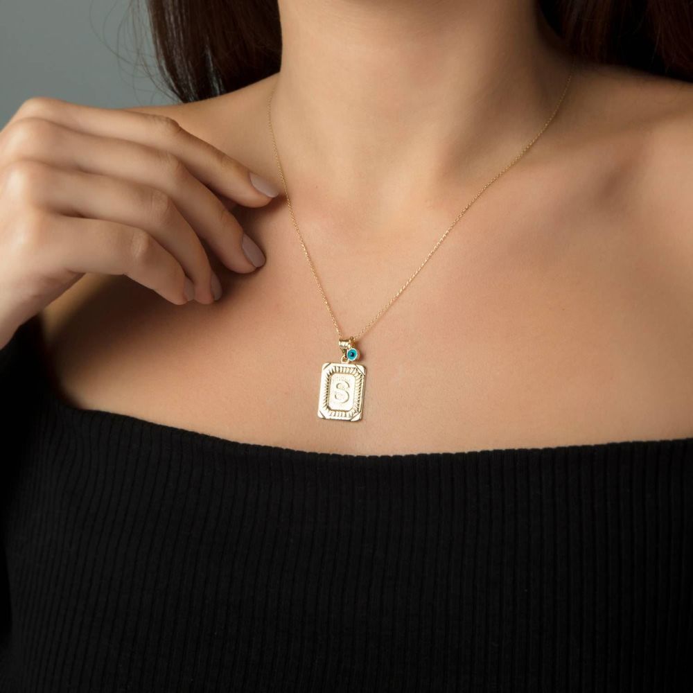 14K Solid Gold Initial Necklace Evil Eye 1,50 Gr