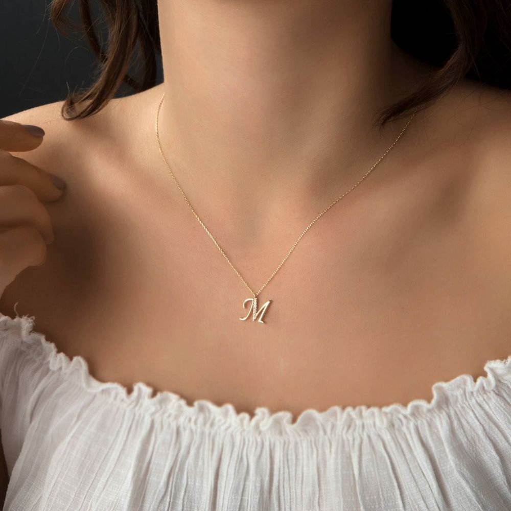 14K Solid Gold Initial Necklace With Gemstone